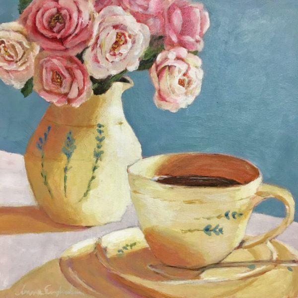Maalaus Vaaleanpunaisia ruusuja maljakossa ja kahvikuppi, turkoosi tausta